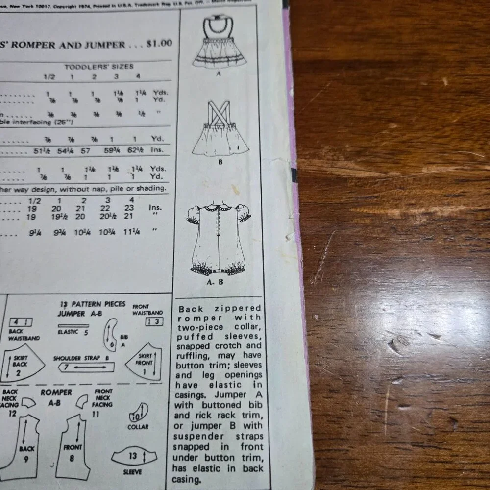 McCall's 4302 Toddlers Romper and jumper sewing pattern Size 2 Uncut 1974